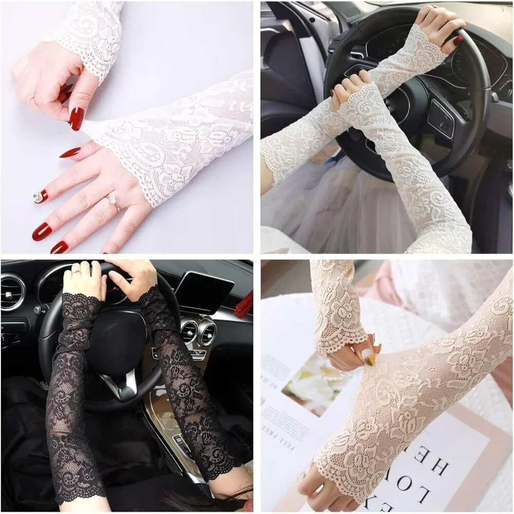 Women's A-White Floral Lace Long Arm Sleeves Hollow Fingerless Gloves Design